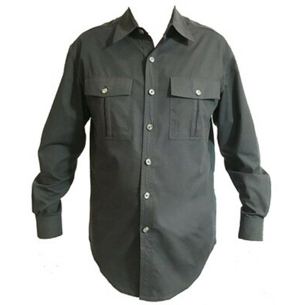 Advertisement for a sewing pattern PDF for a men's travel shirt. The garment is an olive-green button up shirt.