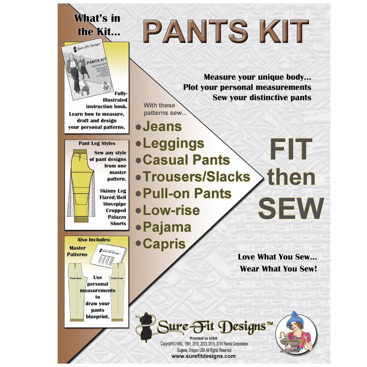 Pants kit by Sure Fit Designs advertisement with text and graphics on a white background