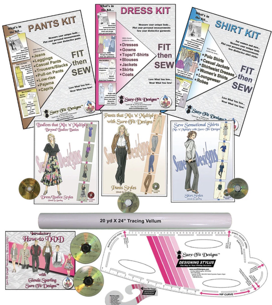 A collection of sewing patterns, tracing paper and a designing stylus