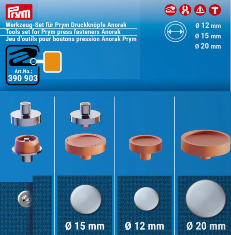 Tools set for Prym press fasteners Anorak, 12, 15 and 20 mm