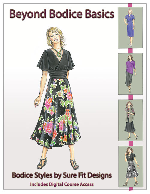 Book cover of 'Beyond Bodice Basics' by Sure Fit Designs with illustrations of a woman wearing a dress and multiple views.