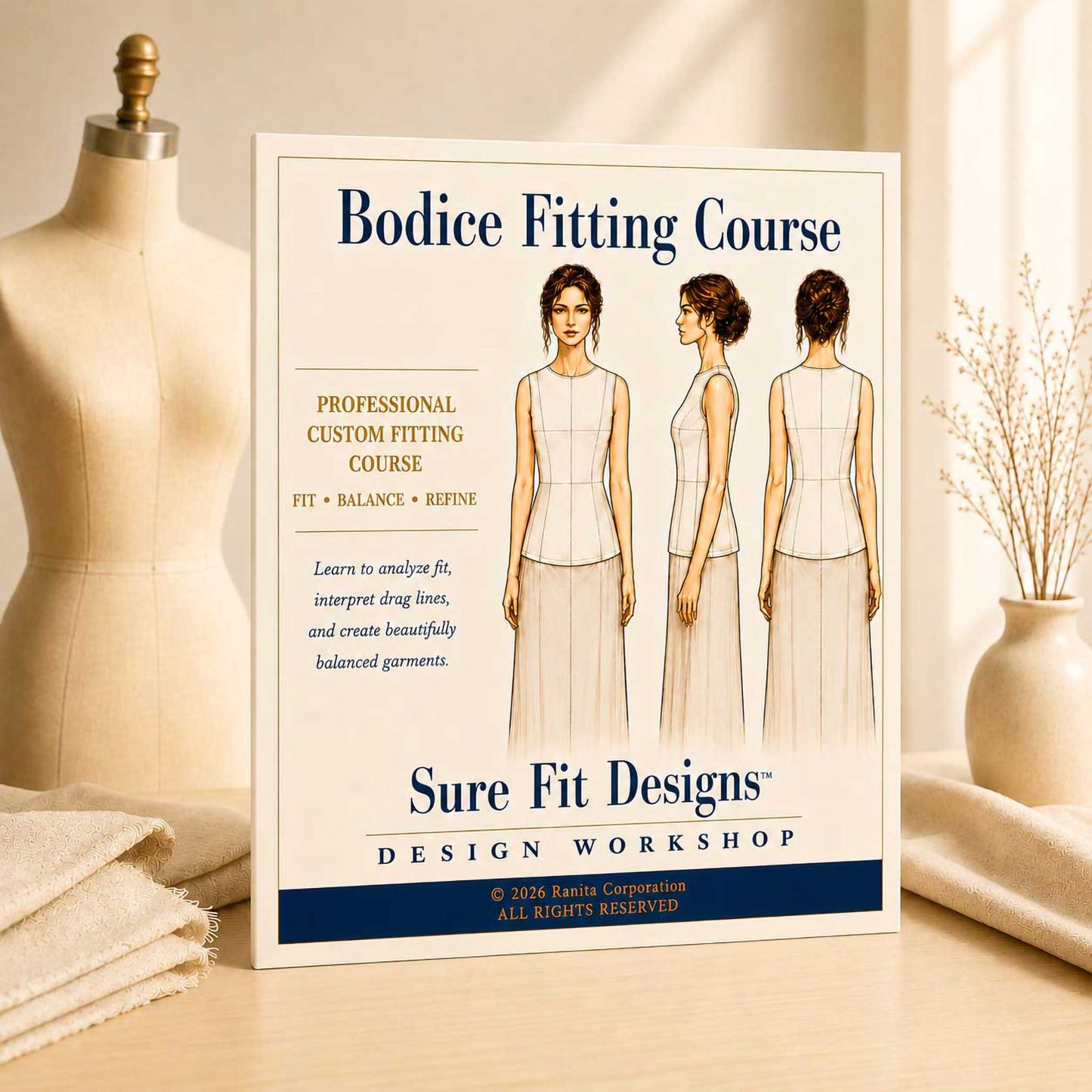 Poster for Bodice Fitting Course by Sure Fit Designs on a mannequin and table setting.