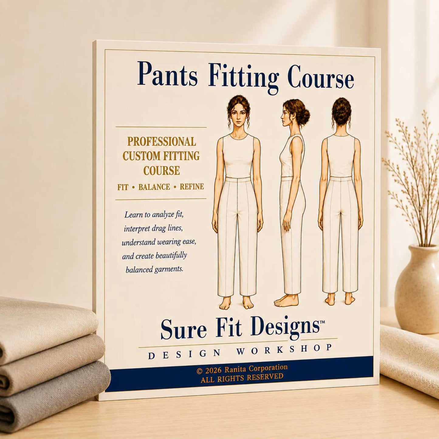 Poster for Pants Fitting Course by Sure Fit Designs on a wooden surface with fabric and a vase in the background.