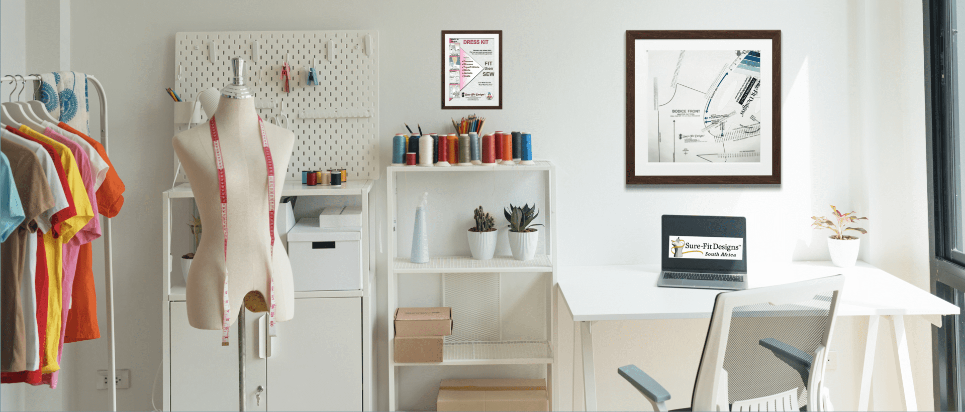 Sure-Fit Designs South Africa displays studio with multi color clothing on rack pin board and cupboard against the wall body shape with measuring tape around neck shelf with multi color threads and plants and boxes desk and chair notebook computer displaying Sure-Fit logo and picture on wall displaying Sure-Fit Designs clear stylus