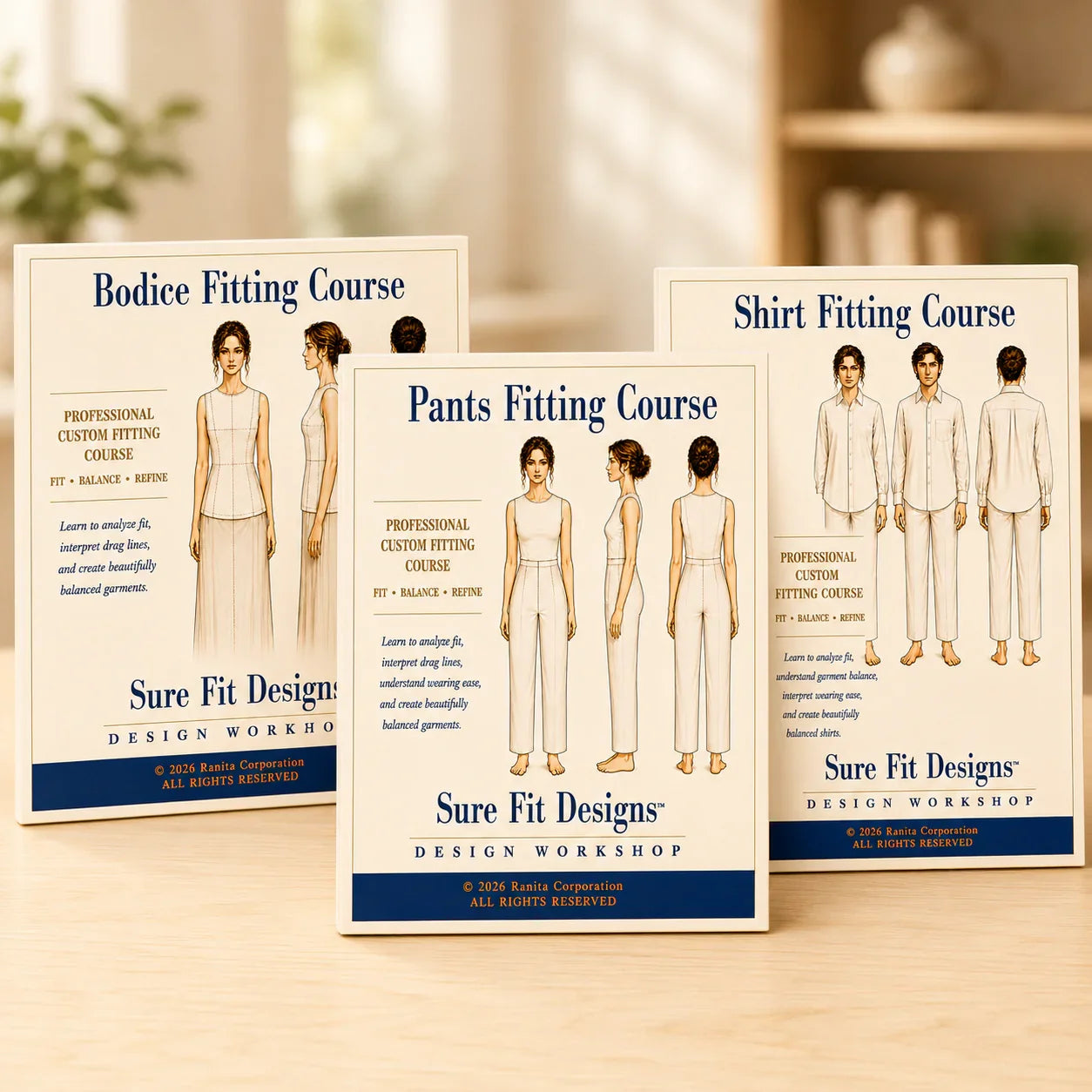 A collection of three fitting courses for bodice, shirt and pants fitting displayed on a warm maple table