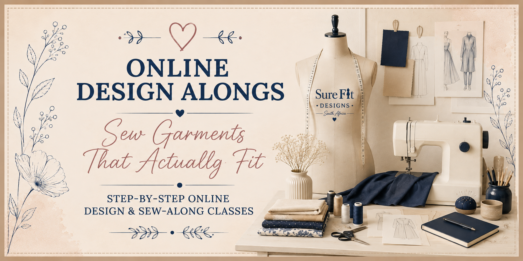 Online Design Alongs – Sew Garments That Actually Fit – dressmaker's mannequin with measuring tape, sewing machine with navy fabric, threads, fabric swatches and notebook on a table – Sure Fit Designs online sewing classes
