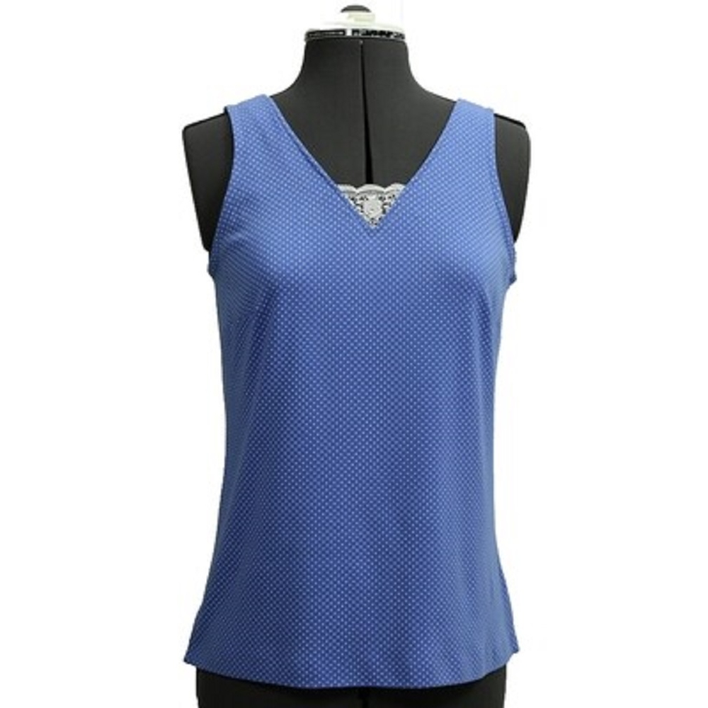 A digital sewing pattern for a V-neck tank top.  The garment is blue and is on a mannequin