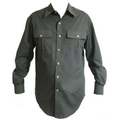 Advertisement for a sewing pattern PDF for a men's travel shirt.  The garment is an olive-green button up shirt.