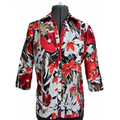 A digital sewing patter for a  3/4 sleeve shirt that buttons up the front with a collar.  The garment is on a mannequin. the fabric is large flowers of red orange and white 