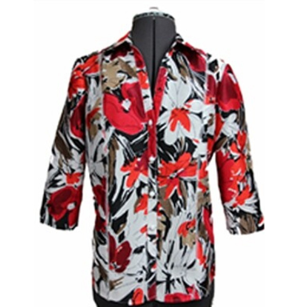 A digital sewing patter for a  3/4 sleeve shirt that buttons up the front with a collar.  The garment is on a mannequin. the fabric is large flowers of red orange and white 