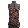 A digital sewing pattern for a tank top with a diagonal hem.  The garment is brown with zigzagging flower pattern