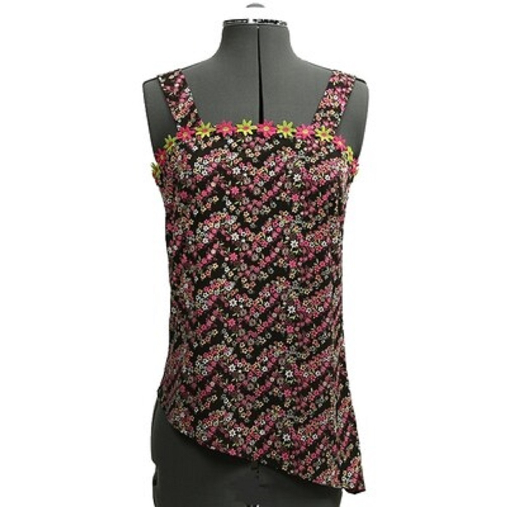 A digital sewing pattern for a tank top with a diagonal hem.  The garment is brown with zigzagging flower pattern