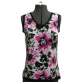 A digital sewing pattern for a tank top.  The garment is a floral tank top on a gray mannequin made of pink and black flowers on a gray background.  