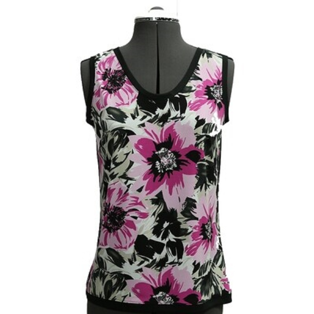 A digital sewing pattern for a tank top.  The garment is a floral tank top on a gray mannequin made of pink and black flowers on a gray background.  