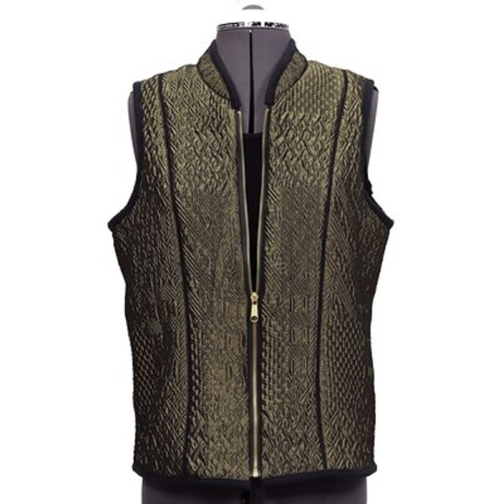 A digital sewing pattern for a sleeveless vest.  The garment is olive green and is on a mannequin