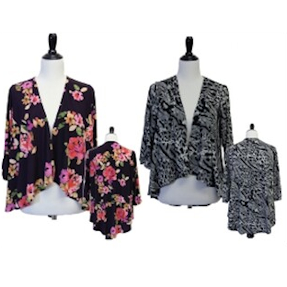 a digital download sewing pattern of a cardigan, two mannequins wearing floral and leopard print jackets on a white background
