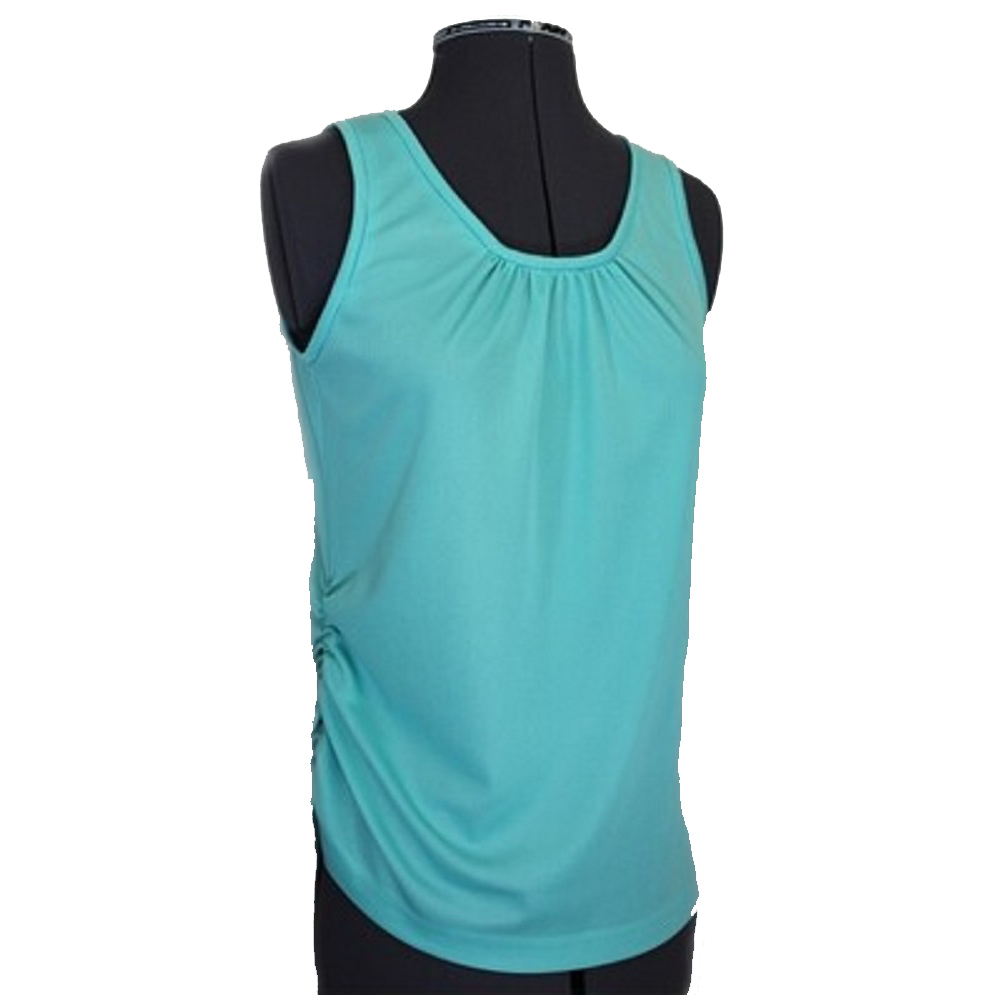 A digital sewing pattern for a tank top. A pretty blue-green tank top with gathers at the center front on a mannequin