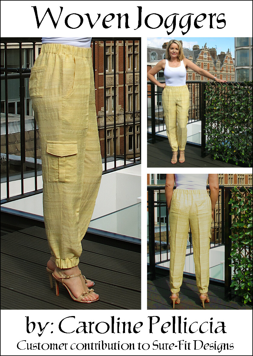 a digital sewing pattern for linen pants.  The garment shown is a yellow pair of linen pants