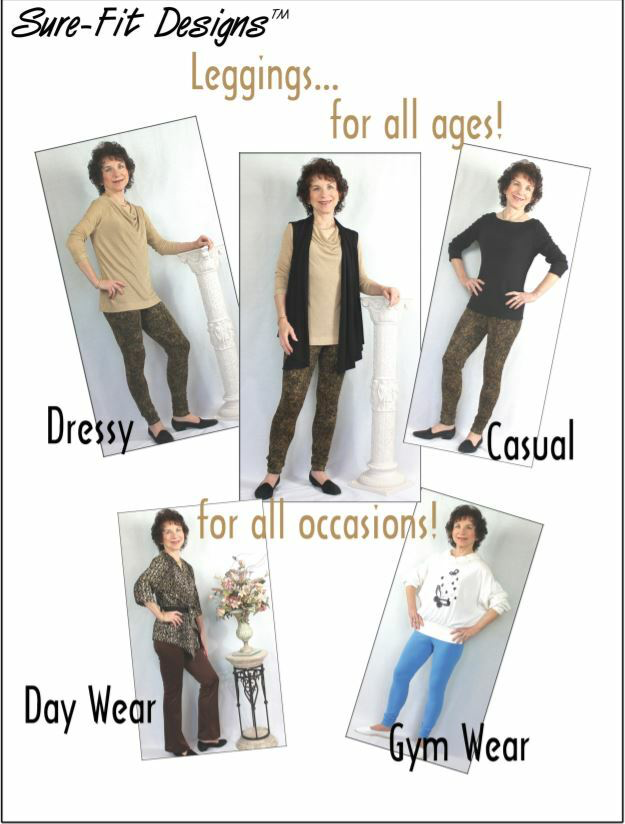A PDF download sewing pattern showing 5 versions of leggings with various tops showing casual, dressy or gym wear ways to wear leggings