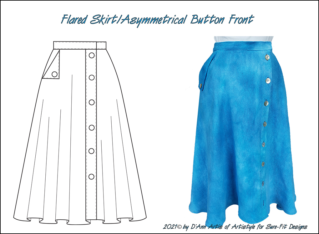 Blue skirt with button details on a light gray background