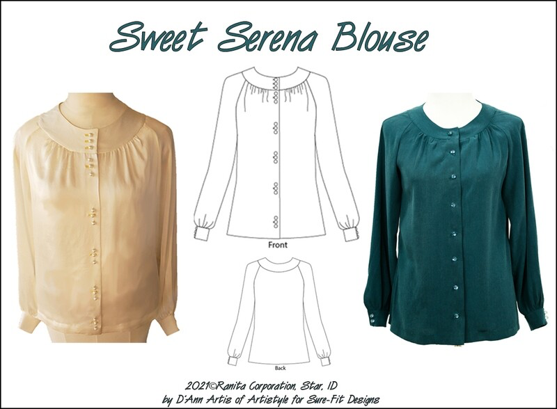A digital sewing PDF for a long sleeved button up blouse.  Two blouses are shown on mannequins, one blouse is peach, the other garment is green