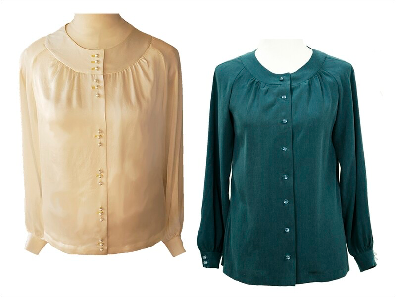 A digital sewing PDF for a long sleeved button up blouse.  Two blouses are shown on mannequins, one blouse is peach, the other garment is green