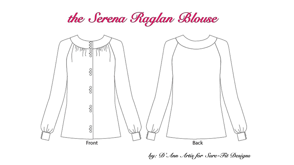 Line drawings for a digital sewing PDF for a long sleeved button up blouse.  
