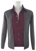 A digital pdf sewing pattern for an open front men's jacket.  The garment is gray over a maroon button up shirt on a mannequin