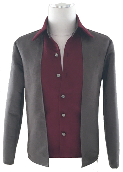 A digital pdf sewing pattern for an open front men's jacket.  The garment is gray over a maroon button up shirt on a mannequin