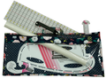 A digital sewing pattern for sewing rulers that is a large rectangle zippered bag that is clear in the front filled with sewing rulers and tracing paper.
