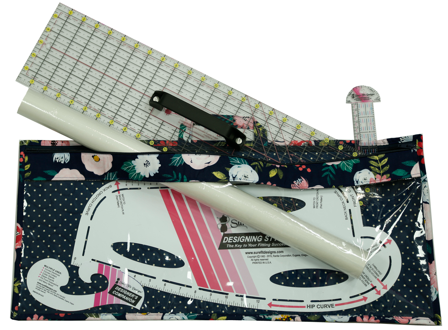 A digital sewing pattern for sewing rulers that is a large rectangle zippered bag that is clear in the front filled with sewing rulers and tracing paper.
