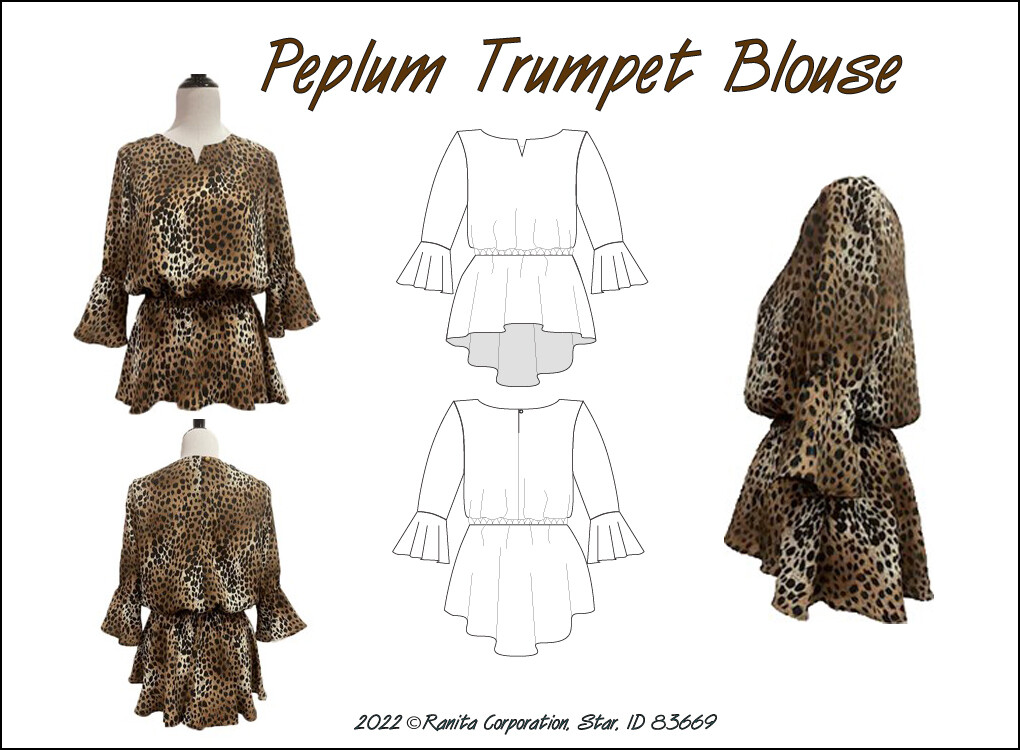 A digital sewing pattern for a long sleeved blouse on a mannequin that is made of cougar print fabric, it is gathered around the waist