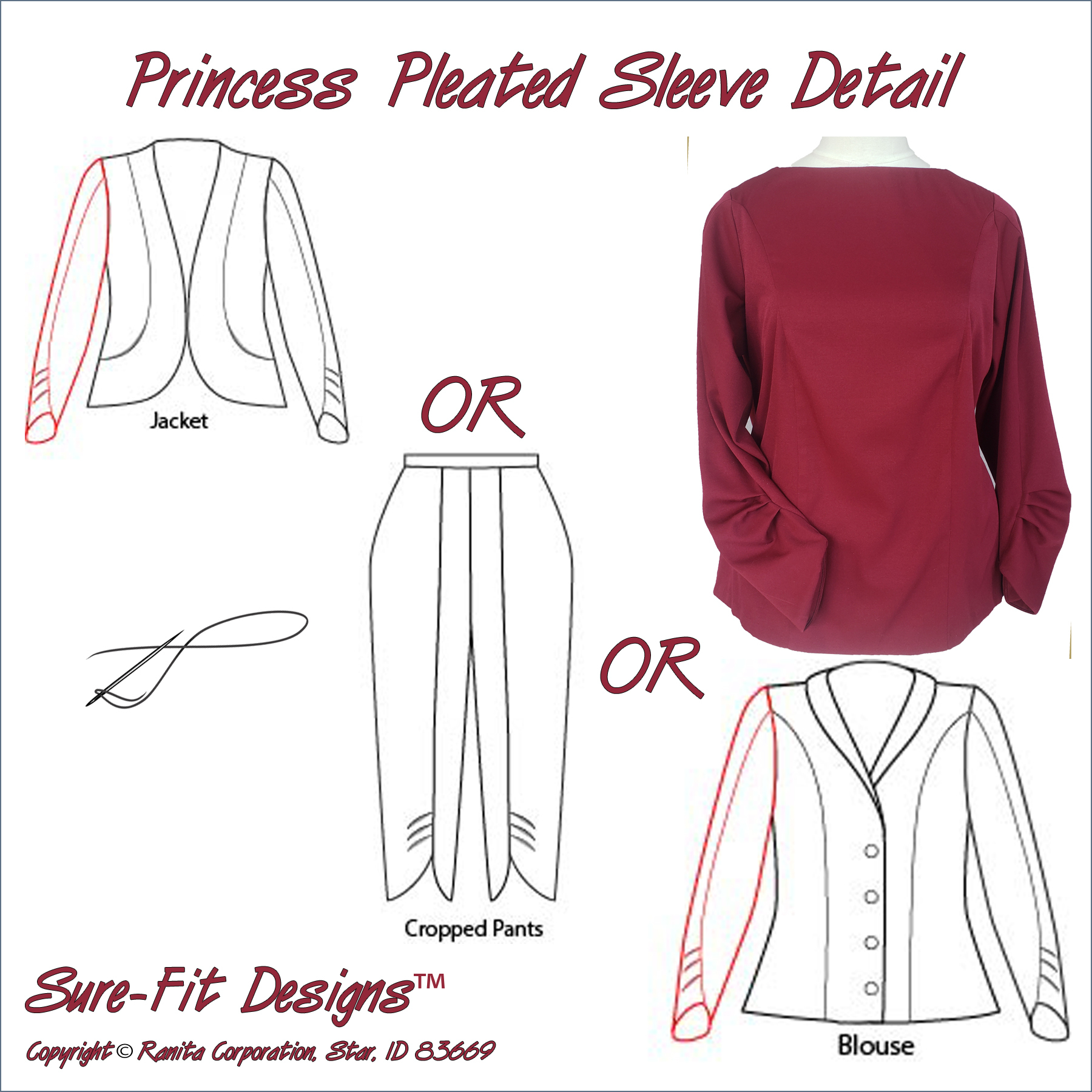 A digital sewing pattern for a long-sleeved shirt.  The garment is made of stretchy burgundy fabric and is on a mannequin and includes line drawings