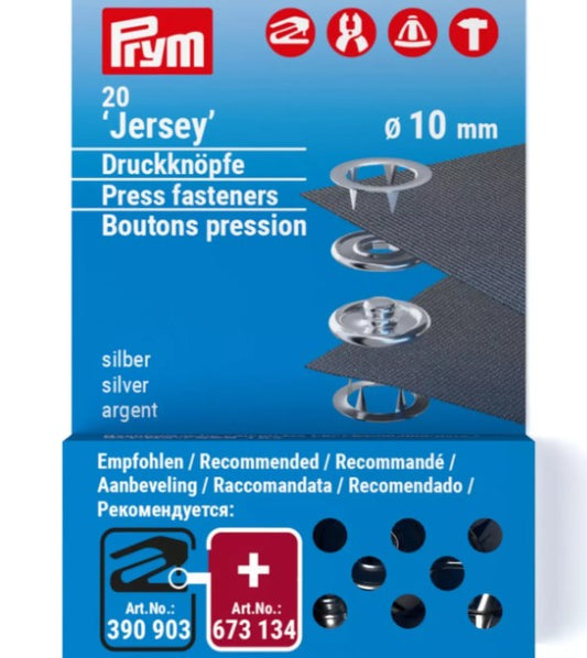Prym press fasteners packaging with blue background and silver press fasteners.