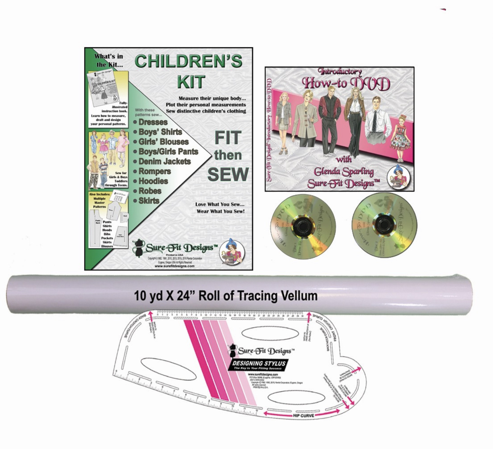 Children sewing pattern for shirts, pants, hoodies with Instruction Book, a white plastic designing stylus, a How-To DVD, and a 24-inch roll of tracing vellum paper 