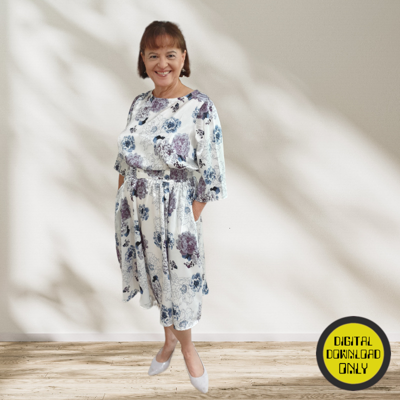  A digital PDF sewing pattern for a dress, a woman wearing a floral dress standing against a light background