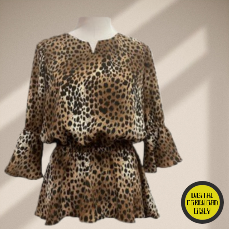 A digital sewing pattern for a long sleeved blouse on a mannequin that is made of cougar print fabric, it is gathered around the waist