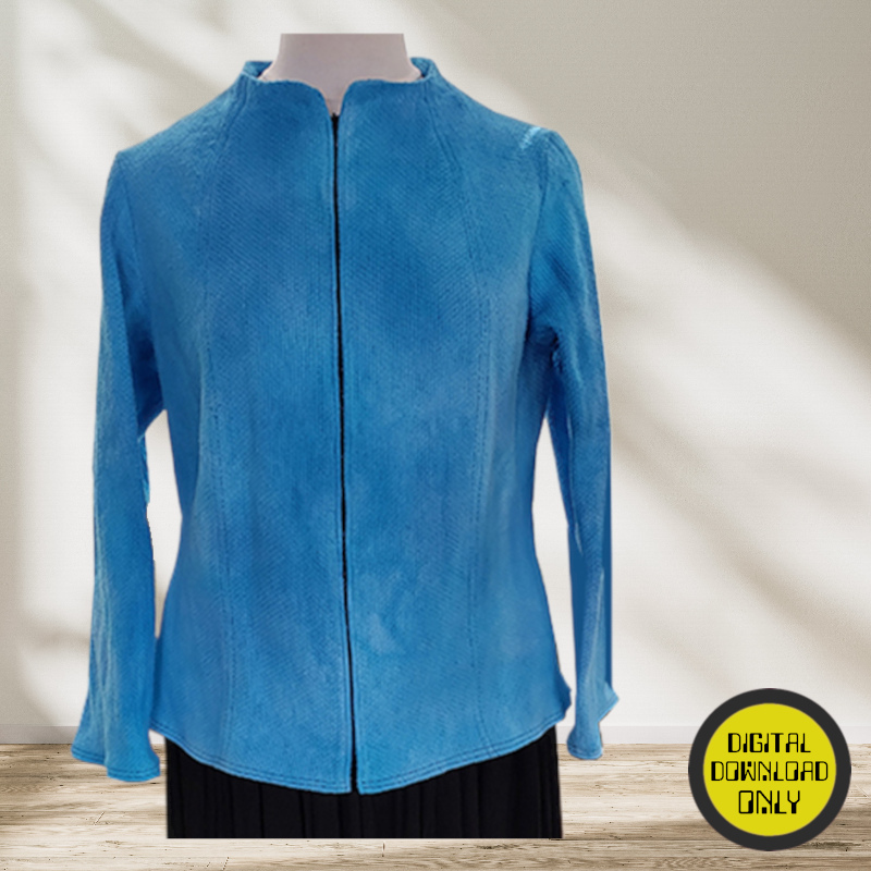 A digital PDF sewing pattern fora Funnel Neck Top.  The garment is a blue zip up jacket on a mannequin.