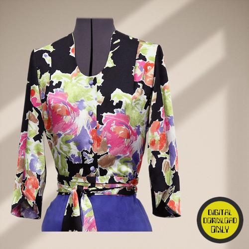 A designer jacket on a mannequin with bold colors of black, purple, pink and green
