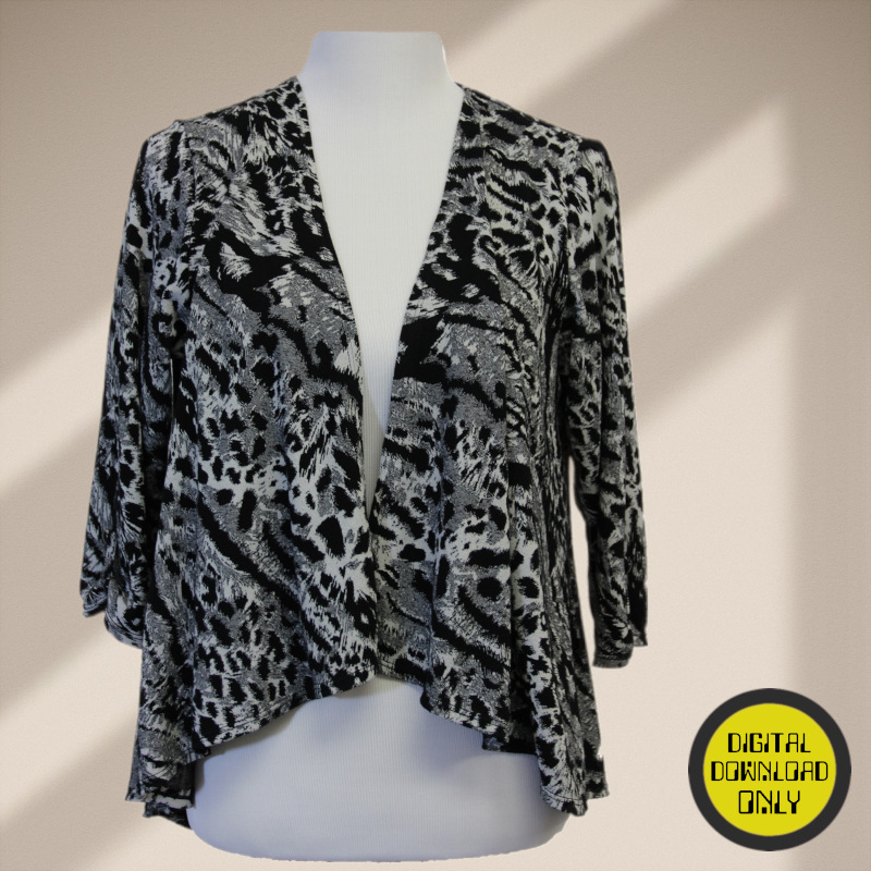 A digital sewing pattern for a cardigan the garment is a leopard print cardigan on a mannequin against a plain background