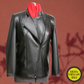 A digital sewing pattern for a black leather jacket on a mannequin with red lining against a brown background
