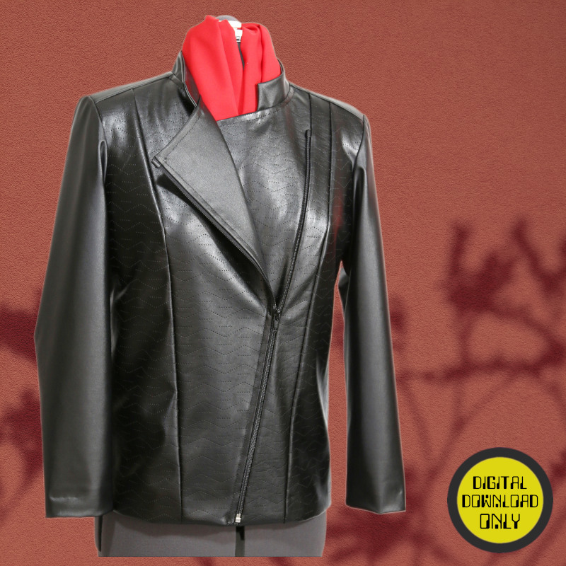 A digital sewing pattern for a black leather jacket on a mannequin with red lining against a brown background