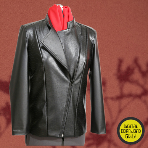 A digital sewing pattern for a black leather jacket on a mannequin with red lining against a brown background
