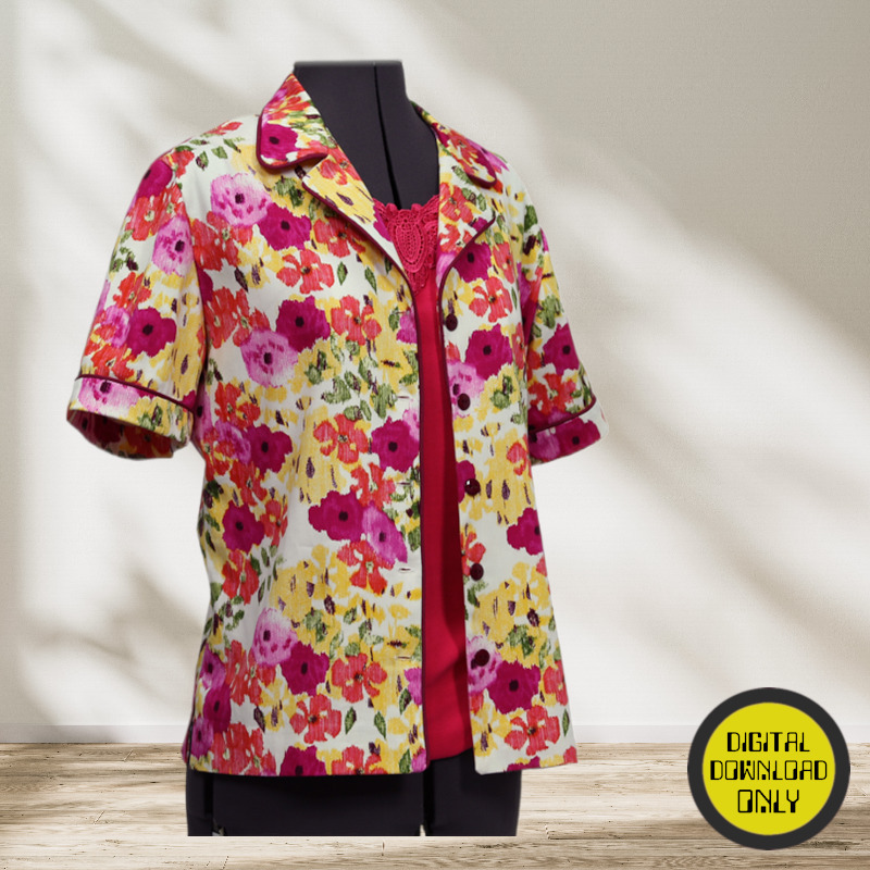 A digital sewing pattern for a button up shirt with collar the item is a colorful floral-patterned jacket on a mannequin against a neutral background