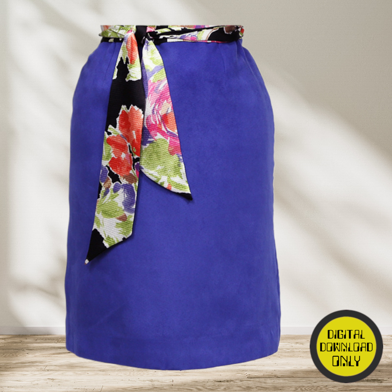 A digital sewing pattern for a pencil skirt.  The garment is a purple fitted knee length shirt 