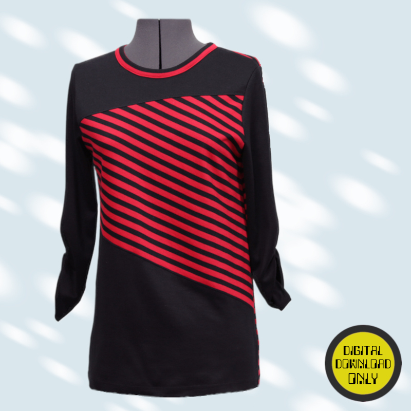 A digital PDF sewing pattern for a long-sleeved tunic length T shirt.  The garment is black with a section of red and black diagonal striped fabric over the bodice portion and is on a mannequin.