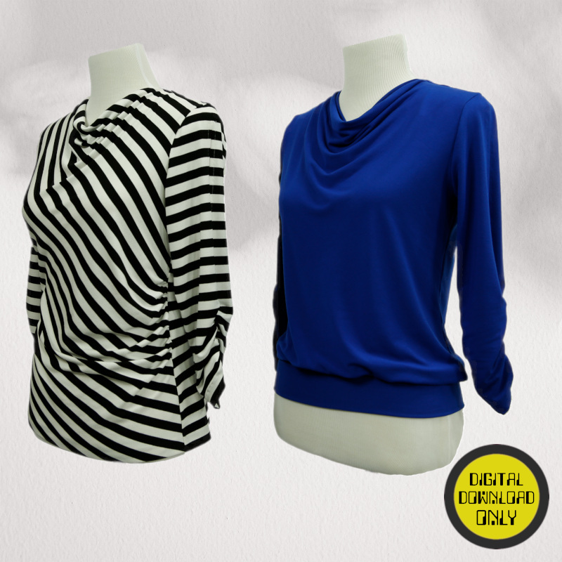 a digital PDF pattern for a two long sleeved cowl neck shirt.  The garments are on the left black and white striped, the right one is blue on ivory mannequins