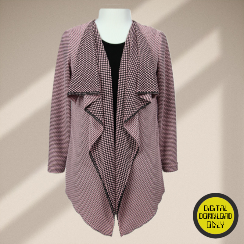 A sewing digital pattern for a flowy long sleeve open faced  jacket on a mannequin made of black and dusty pink fabric