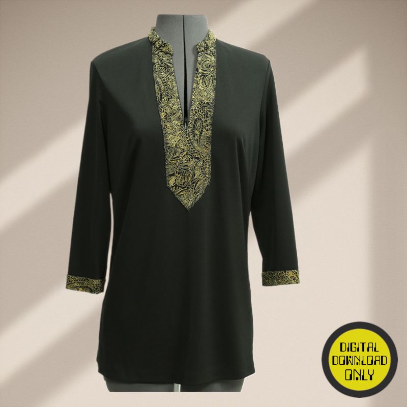 a digital PDF sewing pattern for a long-sleeved tunic. The olive-green shirt is on a gray mannequin