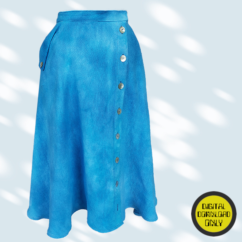 Blue skirt digital patten with button details on a light gray background